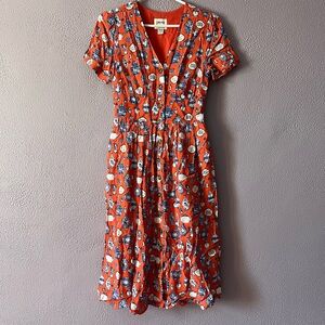 Orange Midi Dress with Blue & White Ceramics Pattern